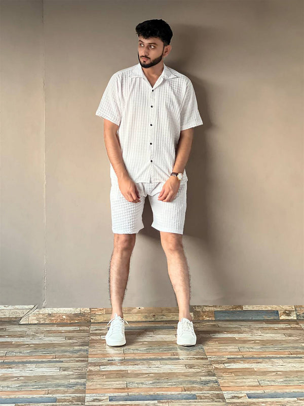 White Men Casual Wear Shirt And Shorts Pair