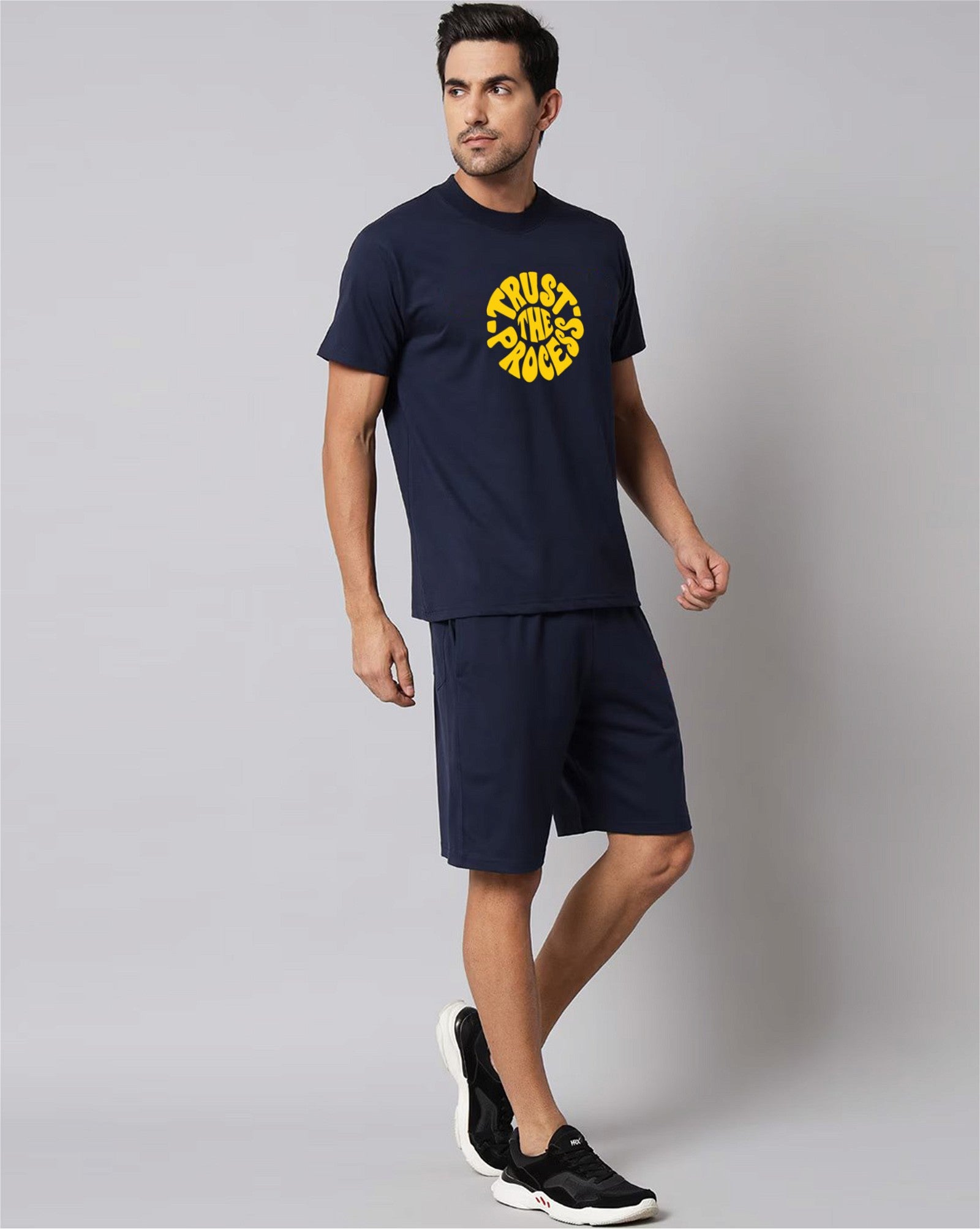 Navy Blue Plain T-Shirt Half Sleeve And Shorts With Pocket