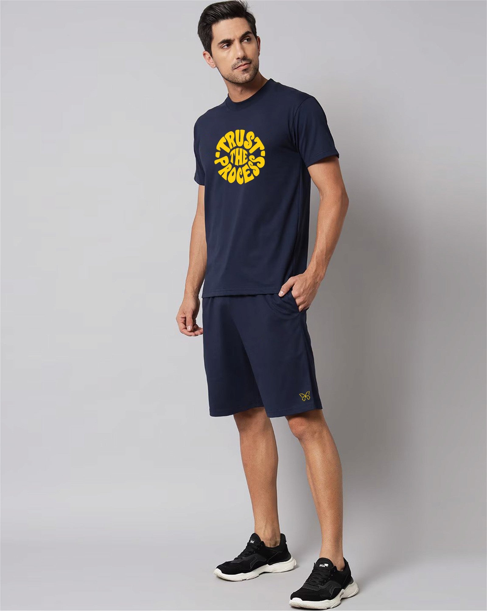 Navy Blue Plain T-Shirt Half Sleeve And Shorts With Pocket