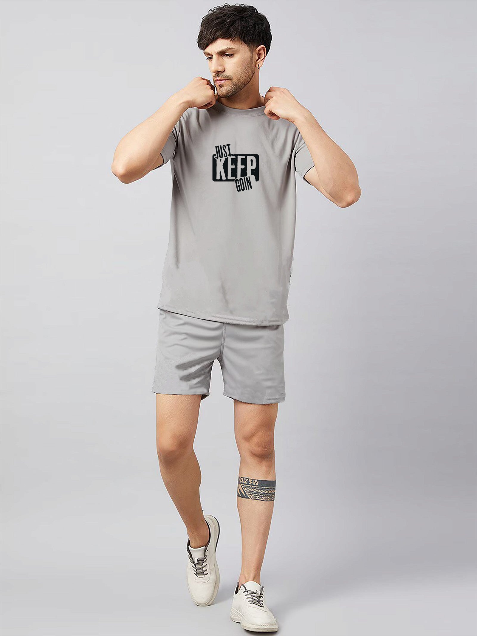 Grey Plain T-Shirt Half Sleeve And Shorts With Pocket