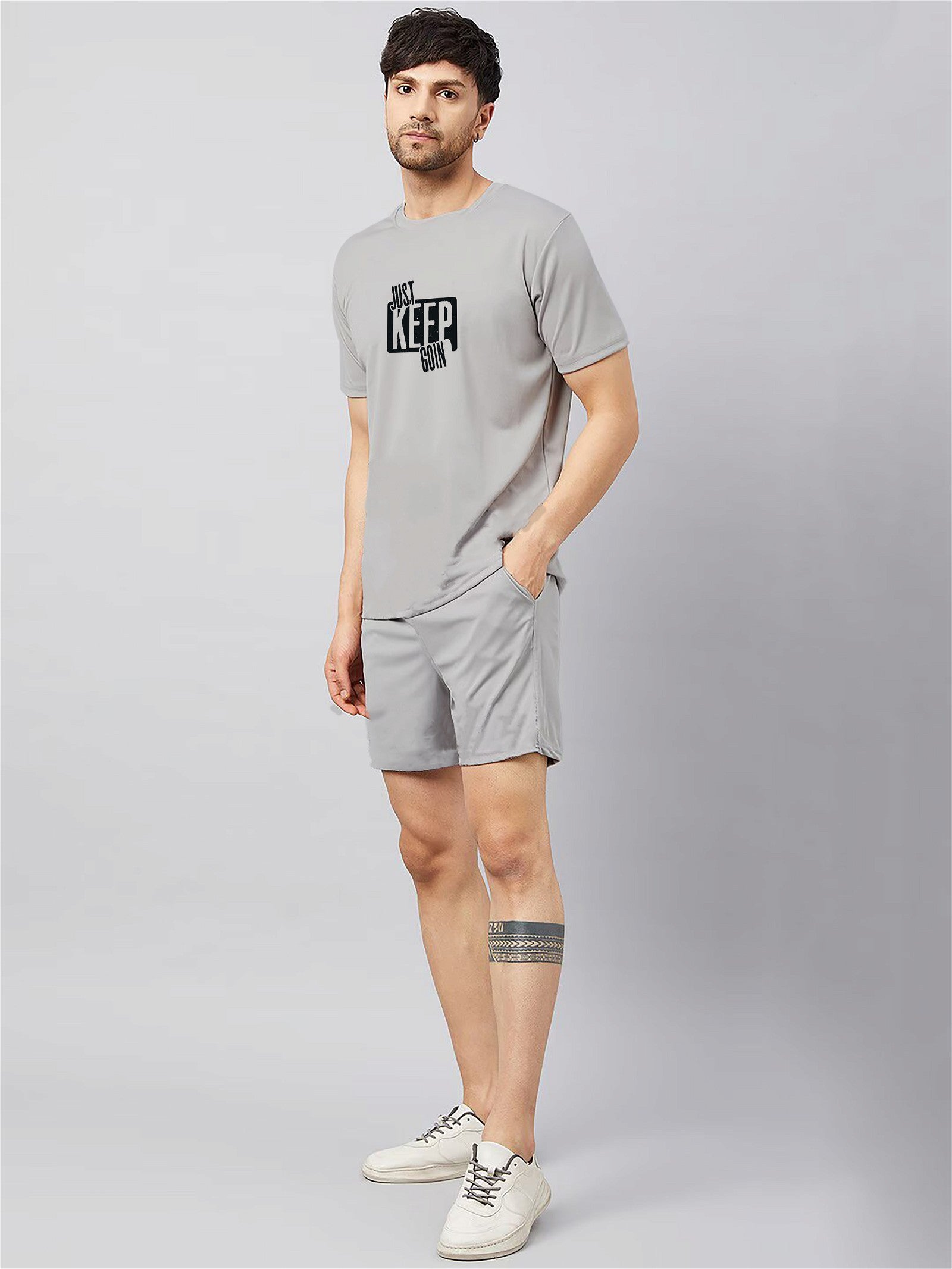 Grey Plain T-Shirt Half Sleeve And Shorts With Pocket