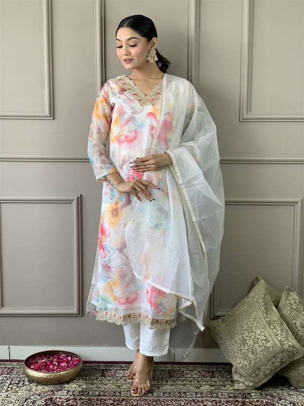 Floral Design Off White Kurta Set with Bottom and Dupatta