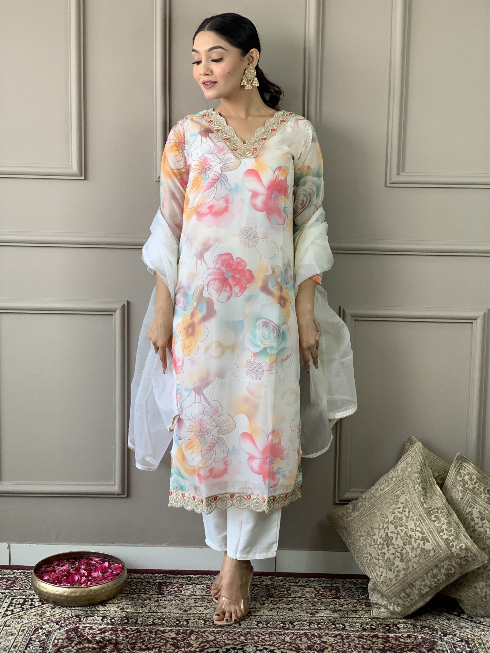 Floral Design Off White Kurta Set with Bottom and Dupatta