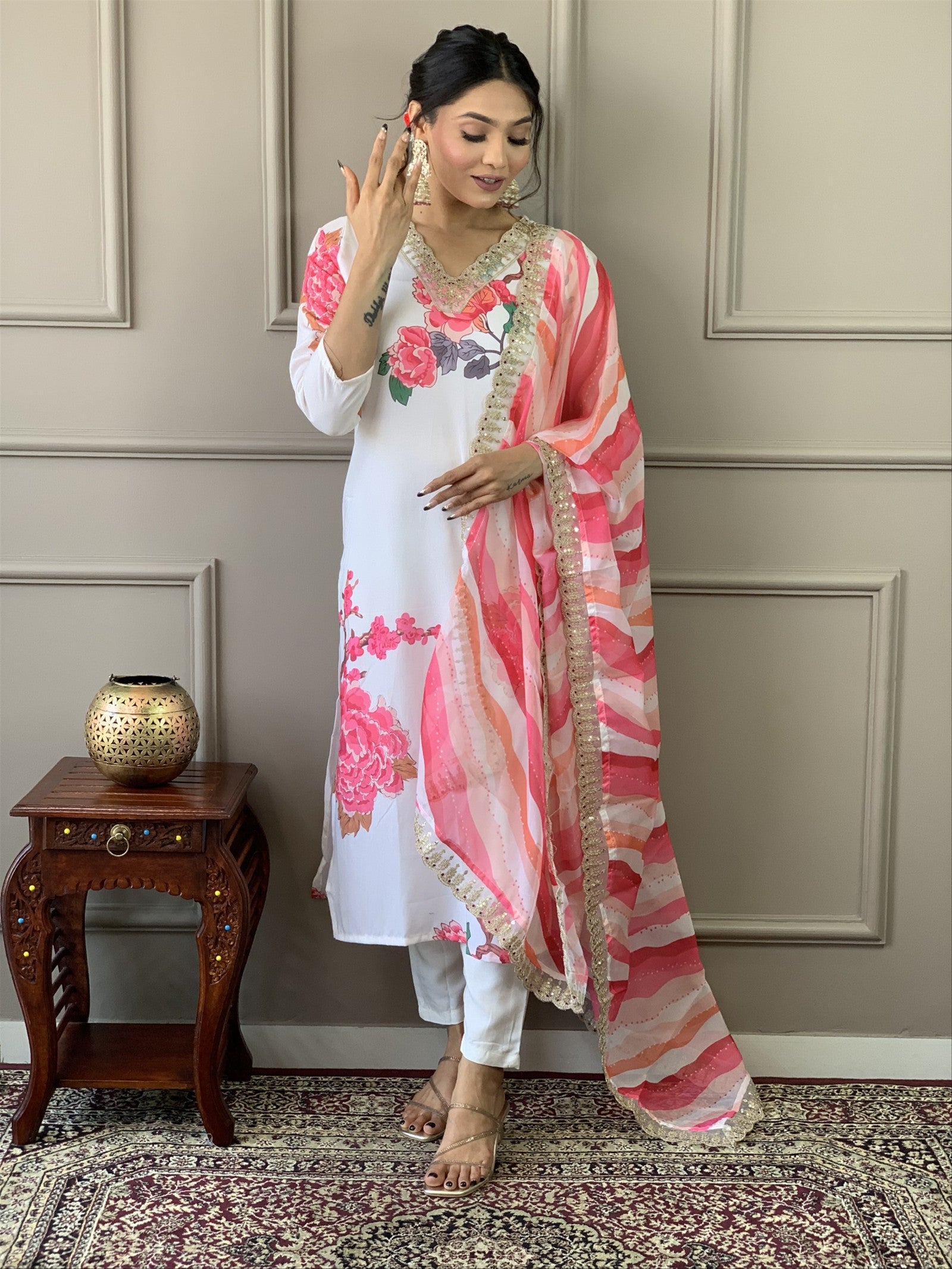 Designer White Floral Kurta Set with Bottom and Dupatta