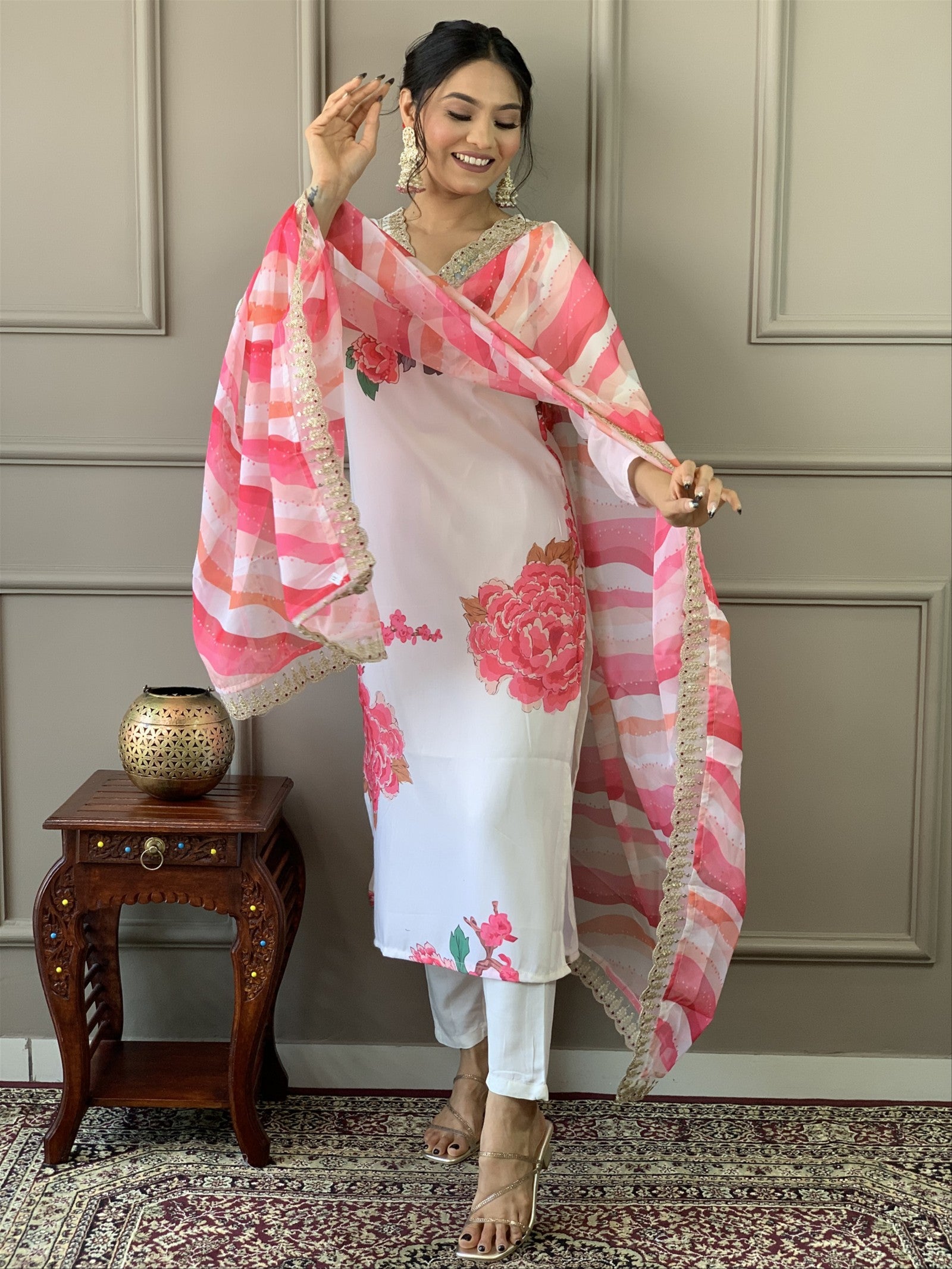 Designer White Floral Kurta Set with Bottom and Dupatta