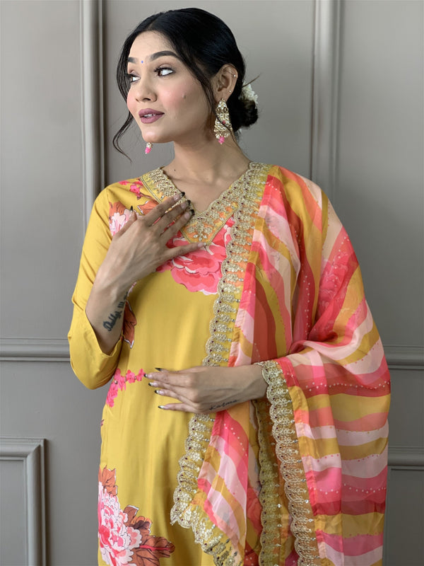 Floral Printed Straight Kurta with Botton and Dupatta