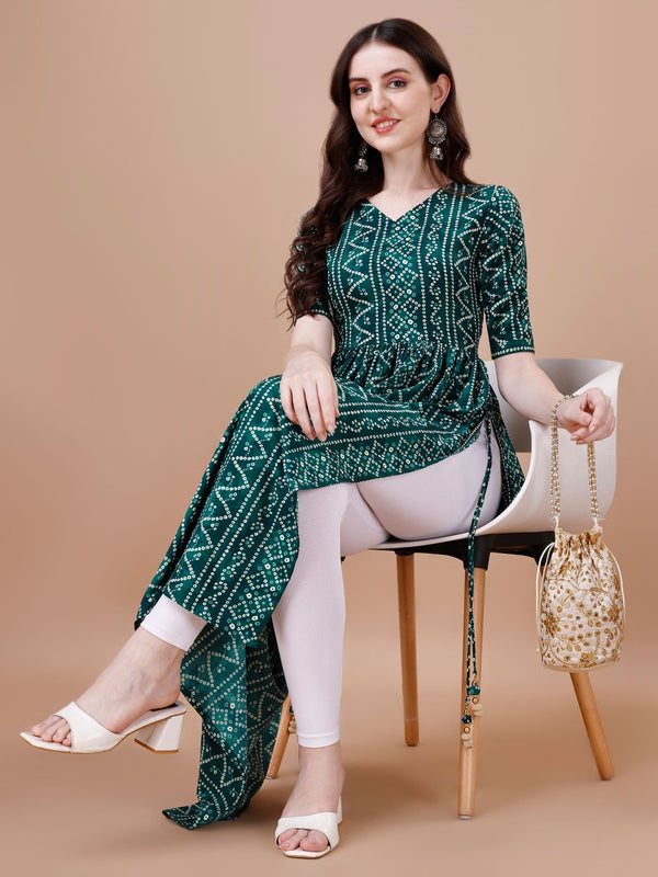 Womens Bandhani Naira Cut Kurta with Latkan in Green Colour