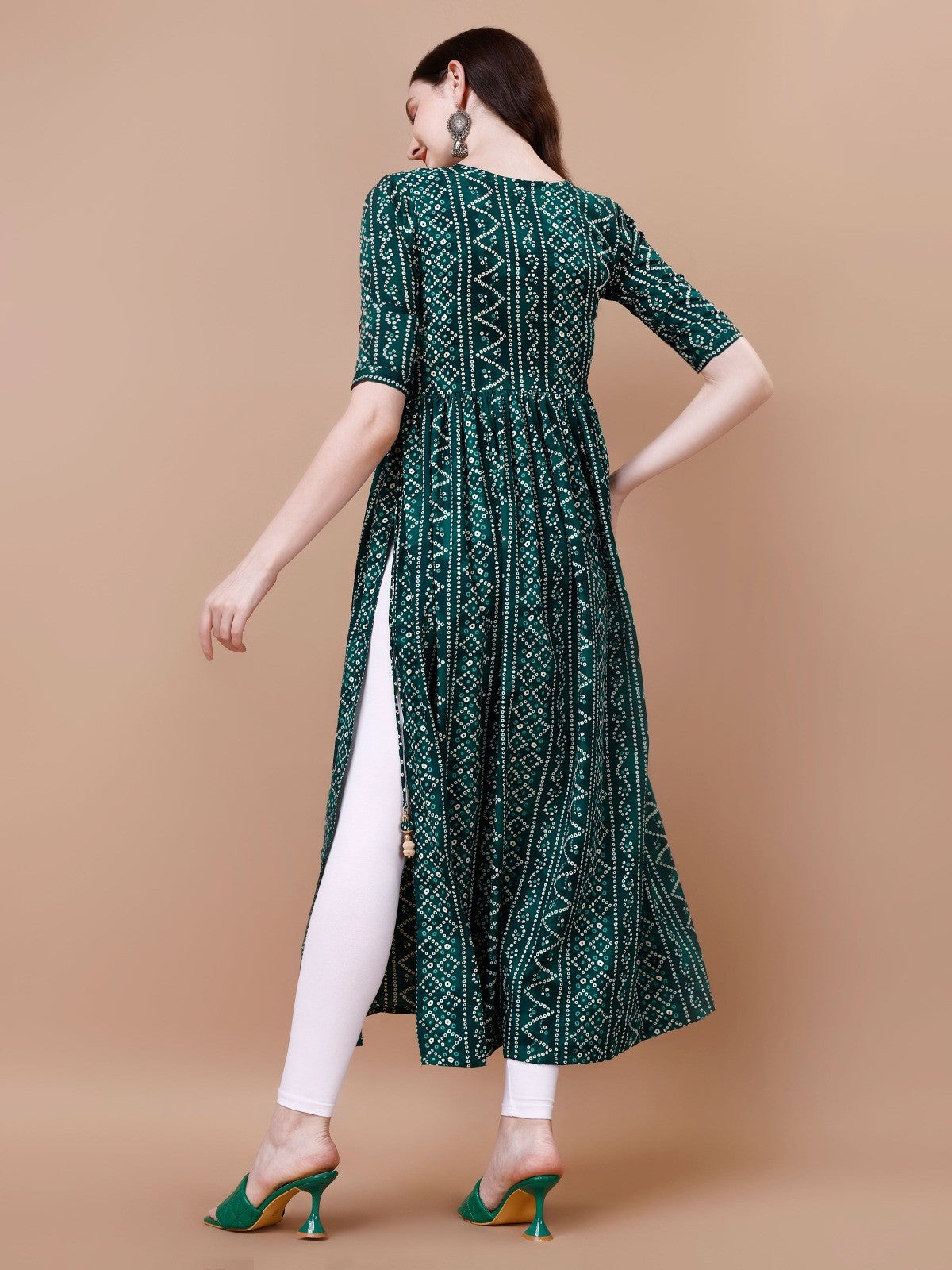 Womens Bandhani Naira Cut Kurta with Latkan in Green Colour