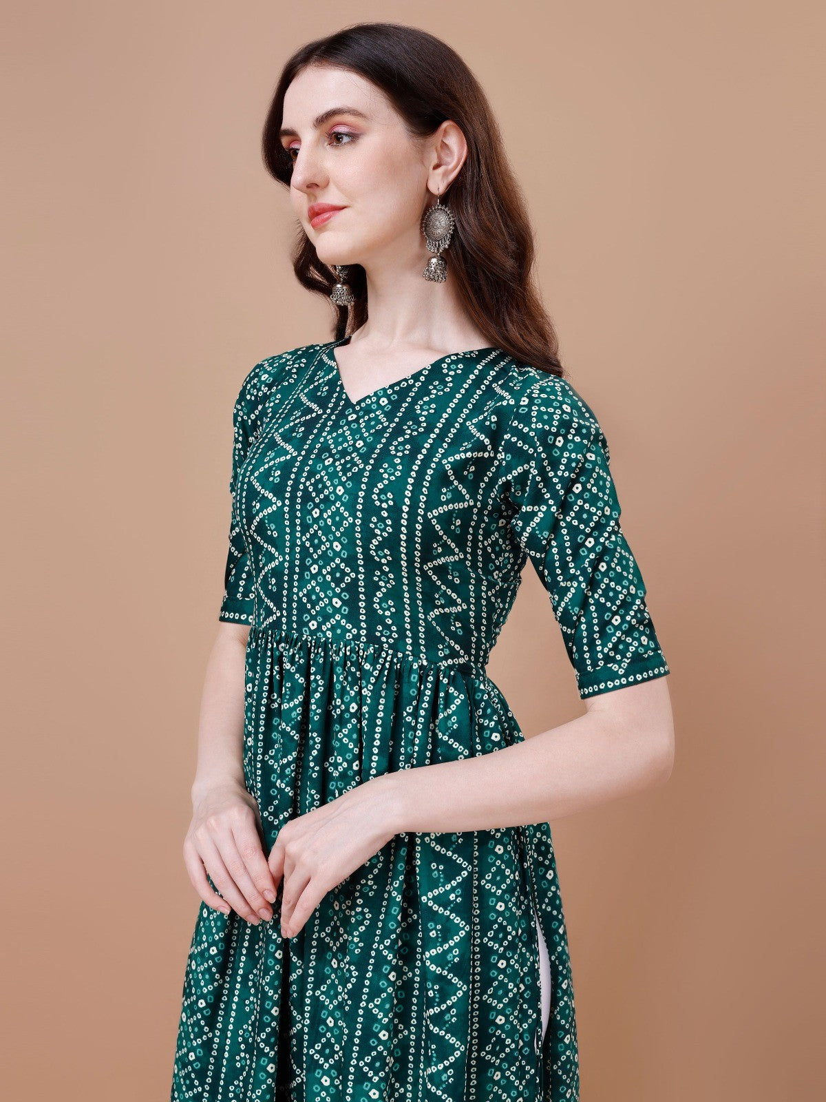 Womens Bandhani Naira Cut Kurta with Latkan in Green Colour