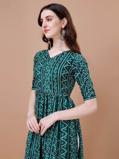 Womens Bandhani Naira Cut Kurta with Latkan in Green Colour