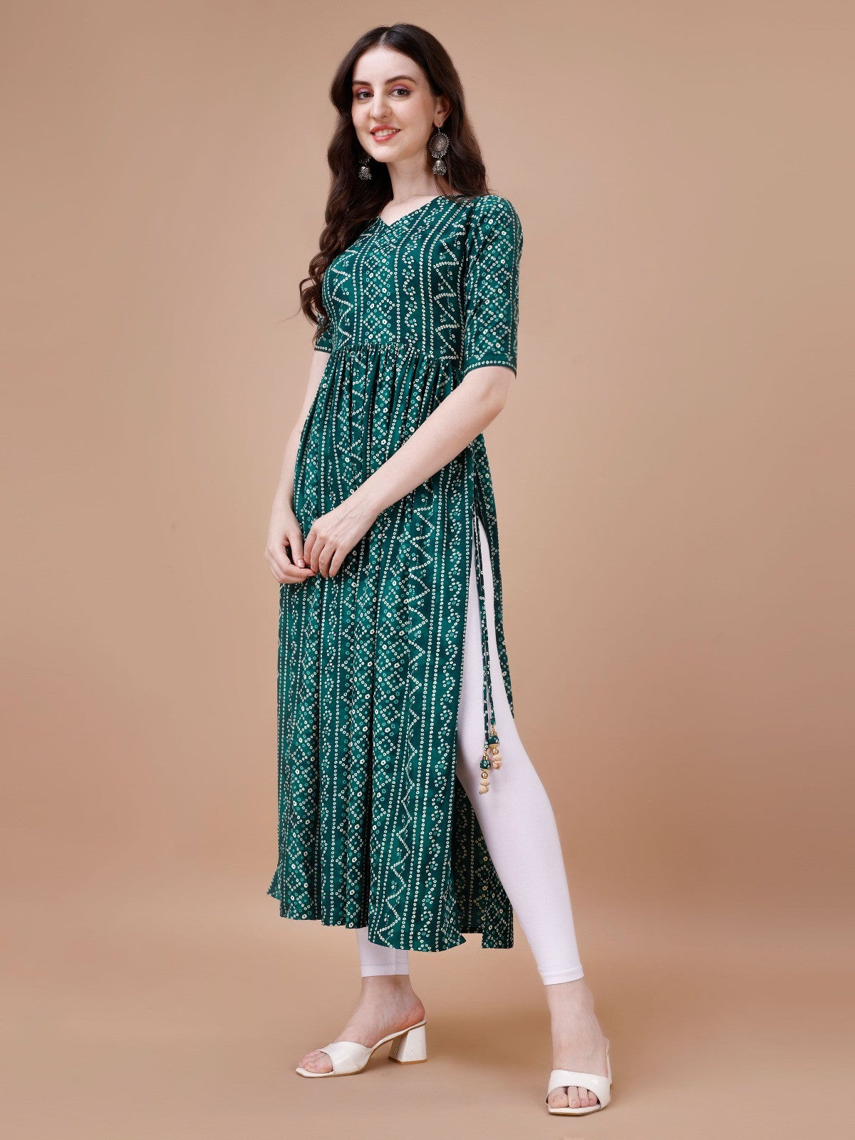 Womens Bandhani Naira Cut Kurta with Latkan in Green Colour