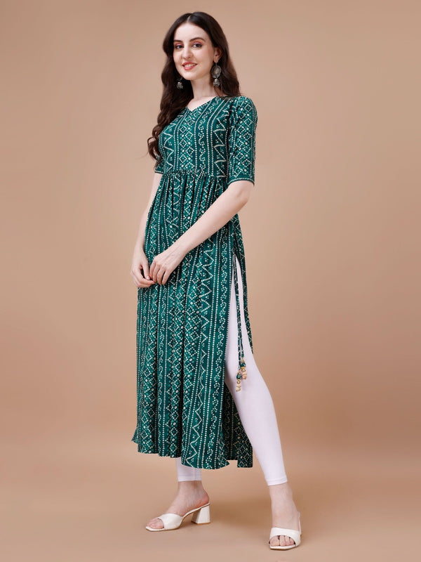 Womens Bandhani Naira Cut Kurta with Latkan in Green Colour