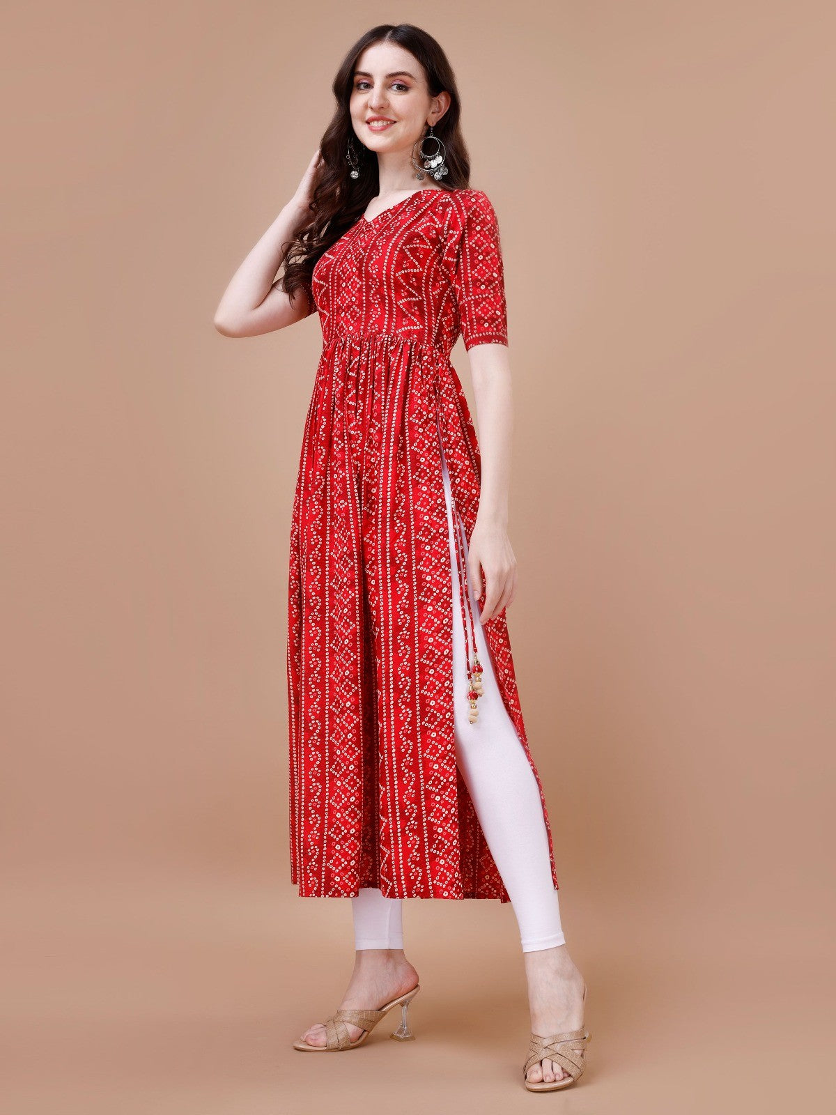 Red Colour Bandhani Naira Cut Kurta with Latkan For Women