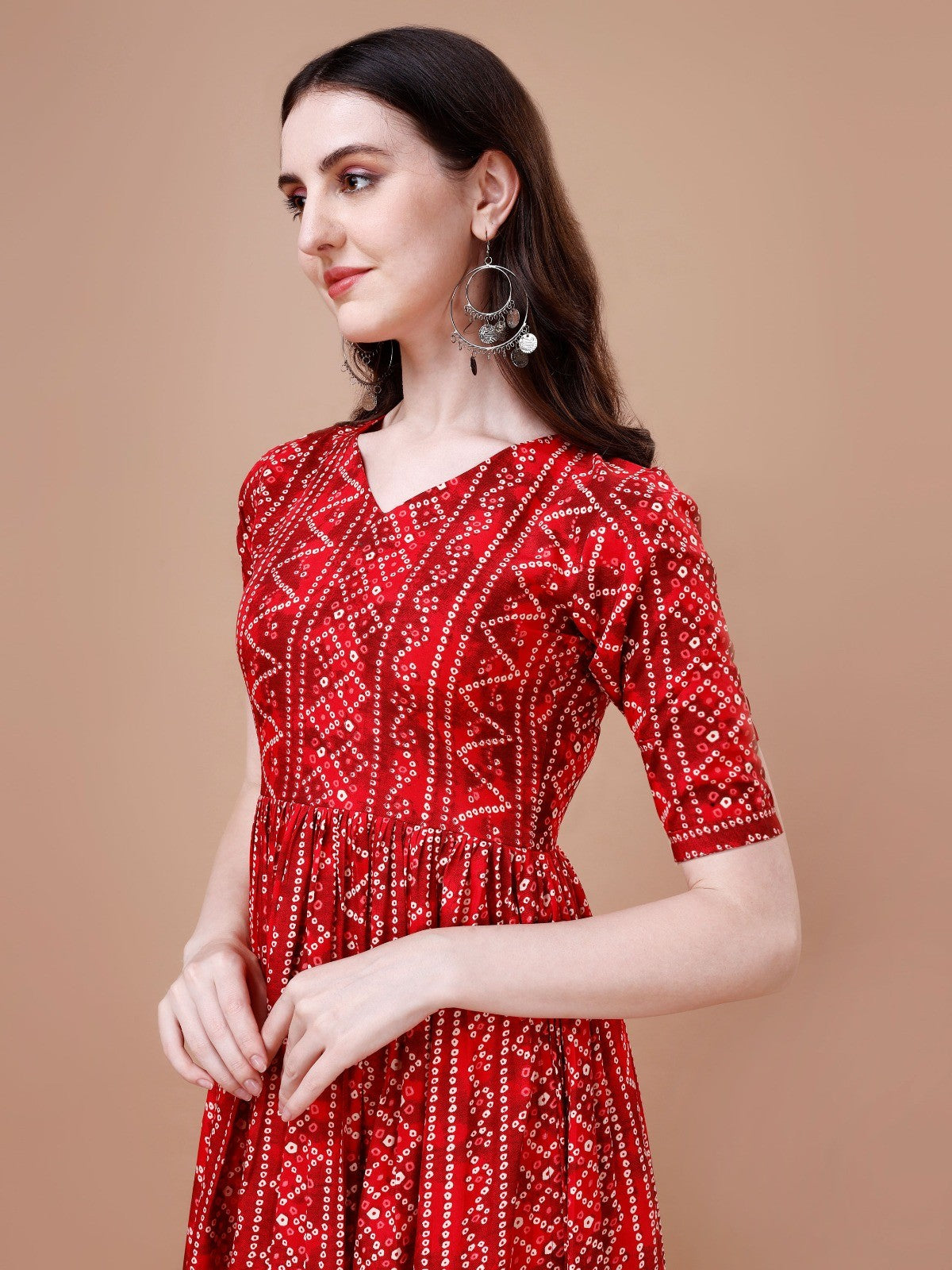 Red Colour Bandhani Naira Cut Kurta with Latkan For Women