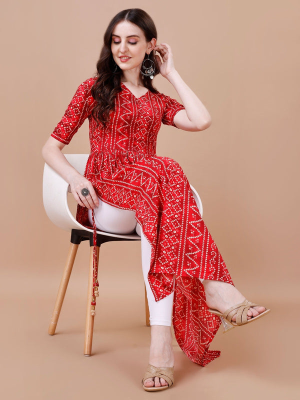 Red Colour Bandhani Naira Cut Kurta with Latkan For Women