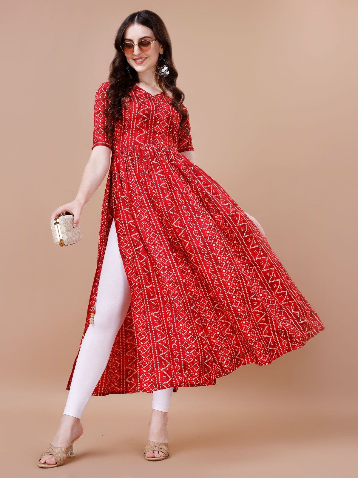 Red Colour Bandhani Naira Cut Kurta with Latkan For Women