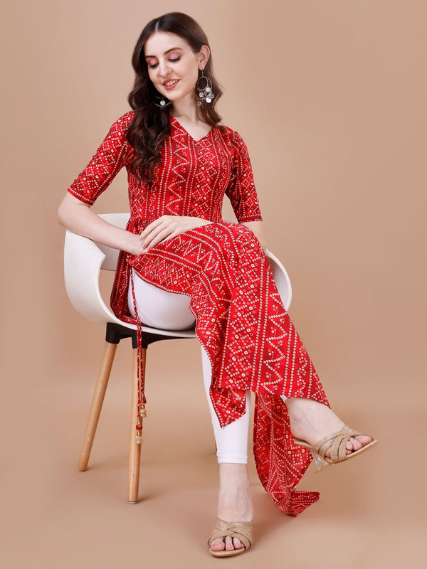 Red Colour Bandhani Naira Cut Kurta with Latkan For Women