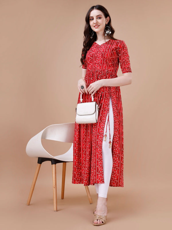 Red Colour Bandhani Naira Cut Kurta with Latkan For Women