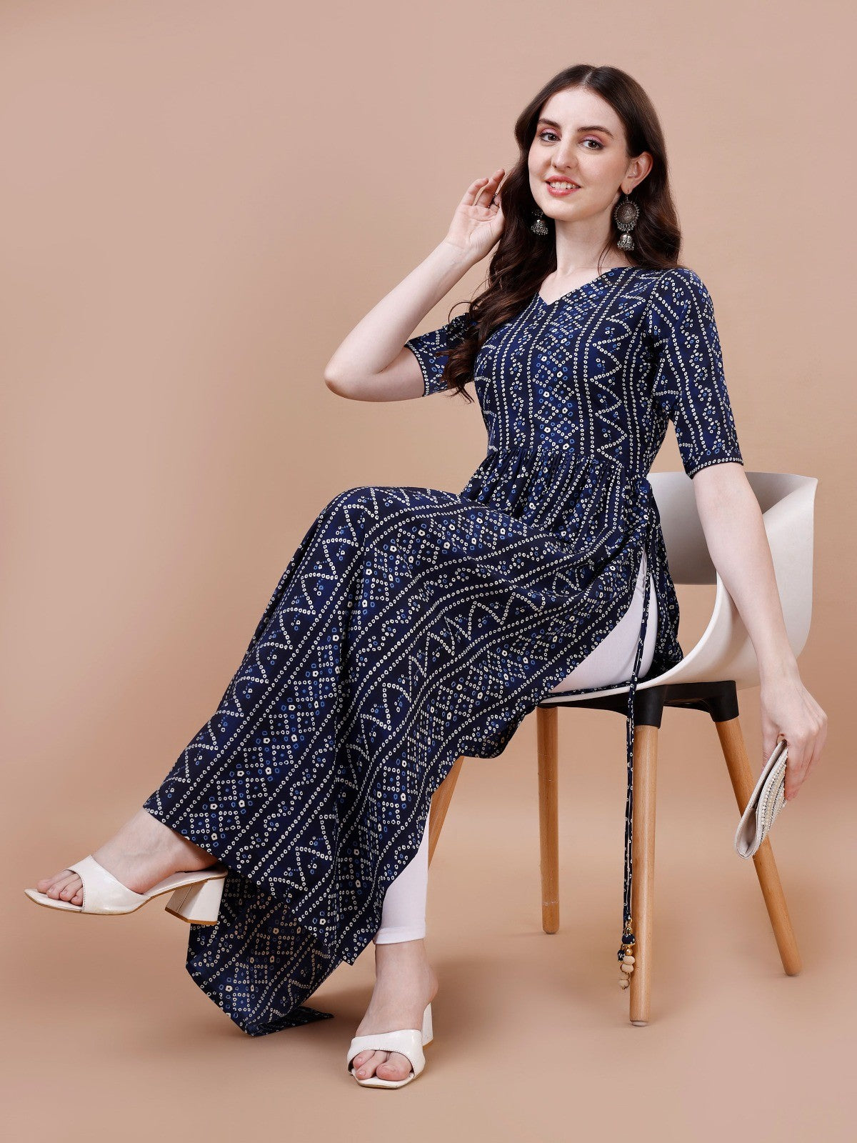 Bandhani Naira Cut Kurta with Latkan in Blue Colour