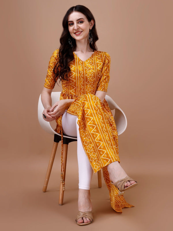 Stylish Bandhani Naira Cut Kurta with Latkan in Yellow Colour