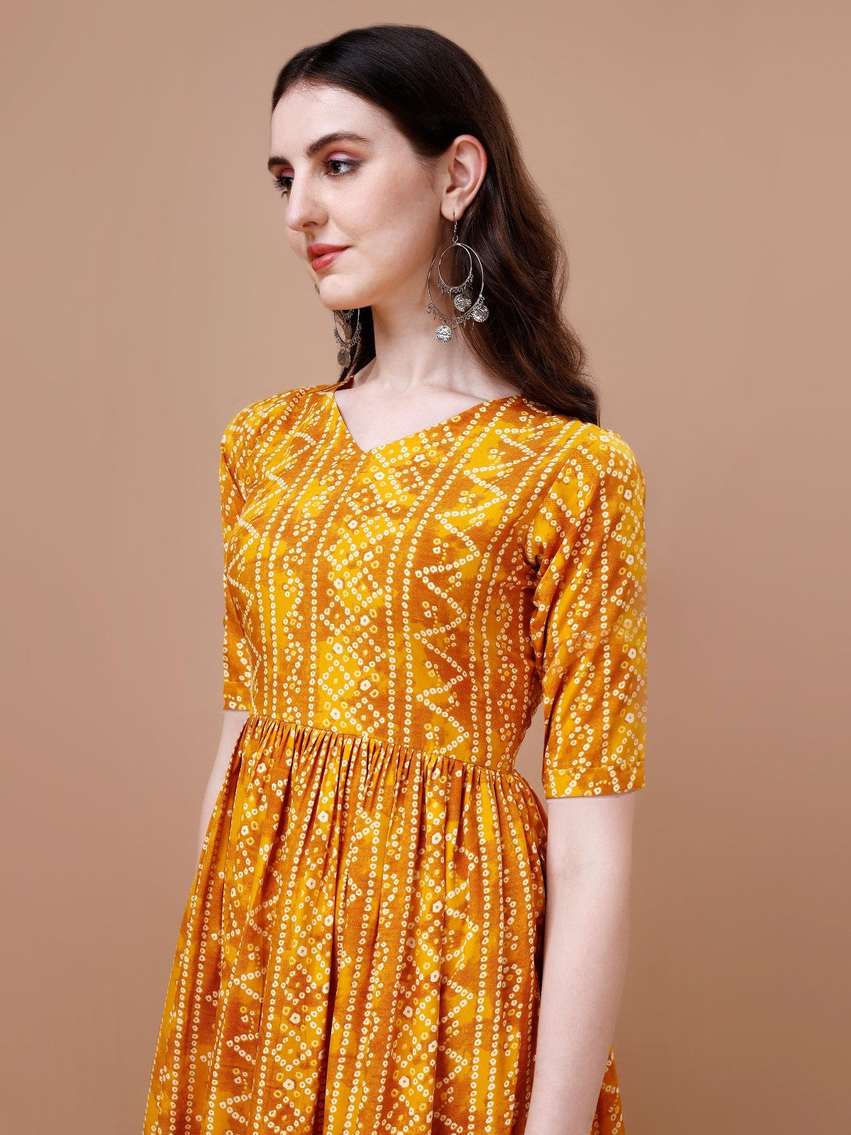 Stylish Bandhani Naira Cut Kurta with Latkan in Yellow Colour