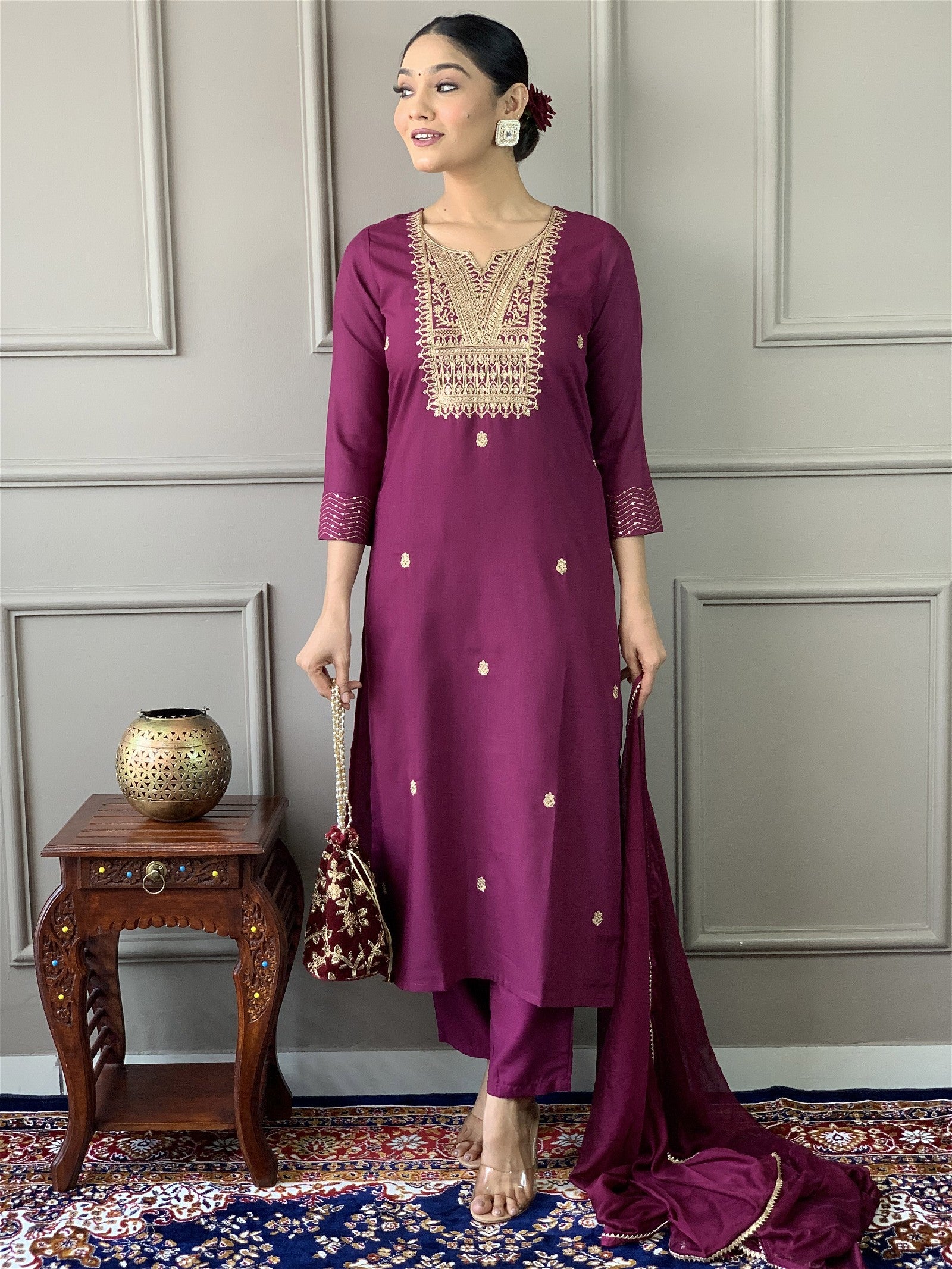 Women Embroidered Rayon Slub Straight Kurta With Pant Dupatta Set