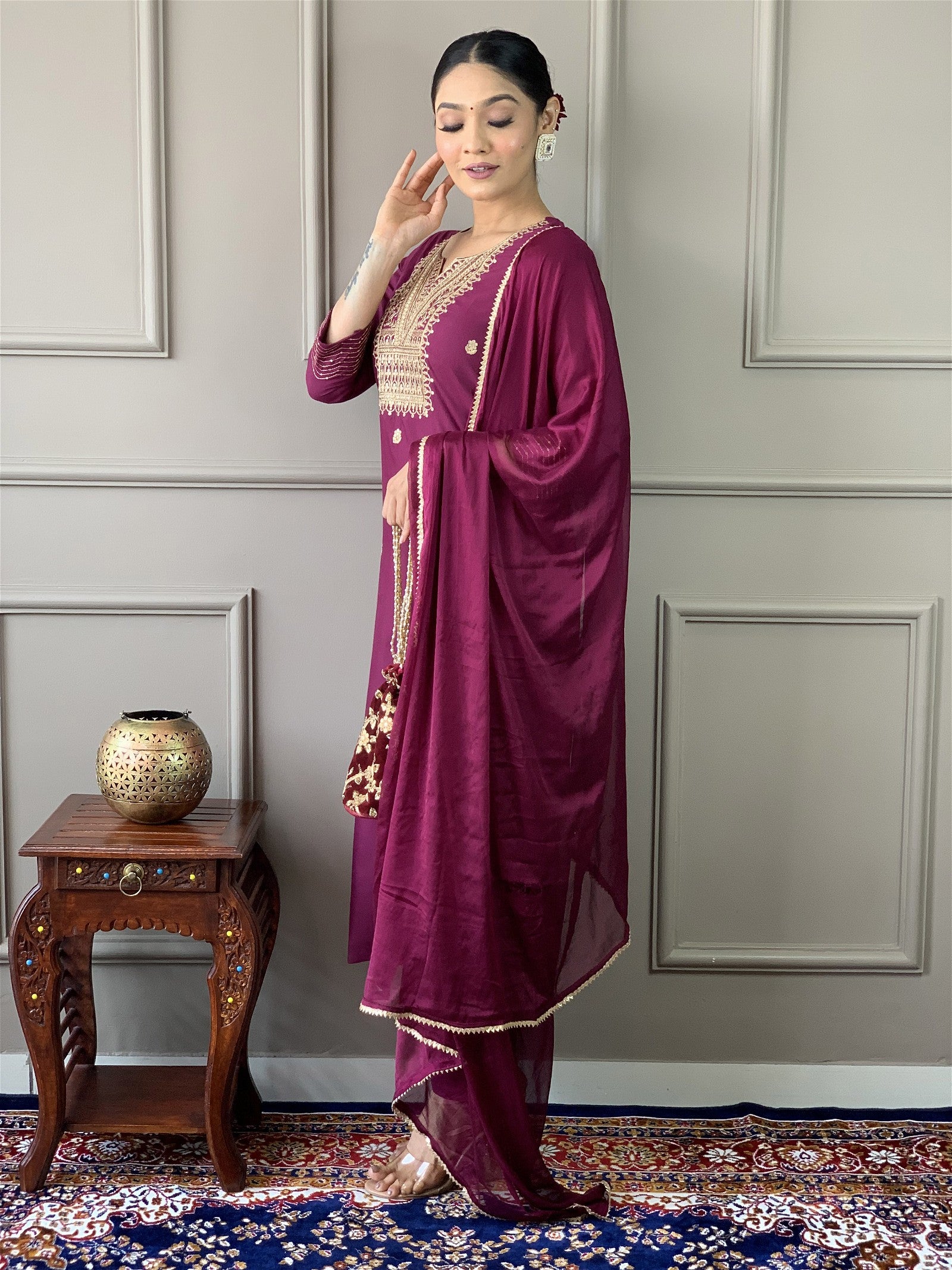 Women Embroidered Rayon Slub Straight Kurta With Pant Dupatta Set