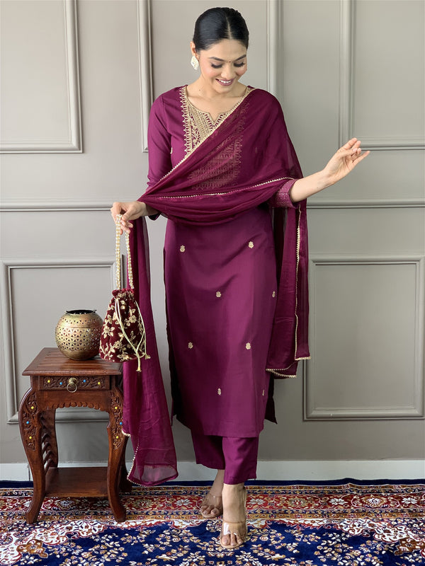 Women Embroidered Rayon Slub Straight Kurta With Pant Dupatta Set