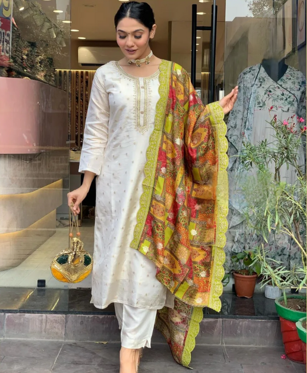 Designer Pure Viscose Jacquard Kurta With Pant And Heavy Dupatta