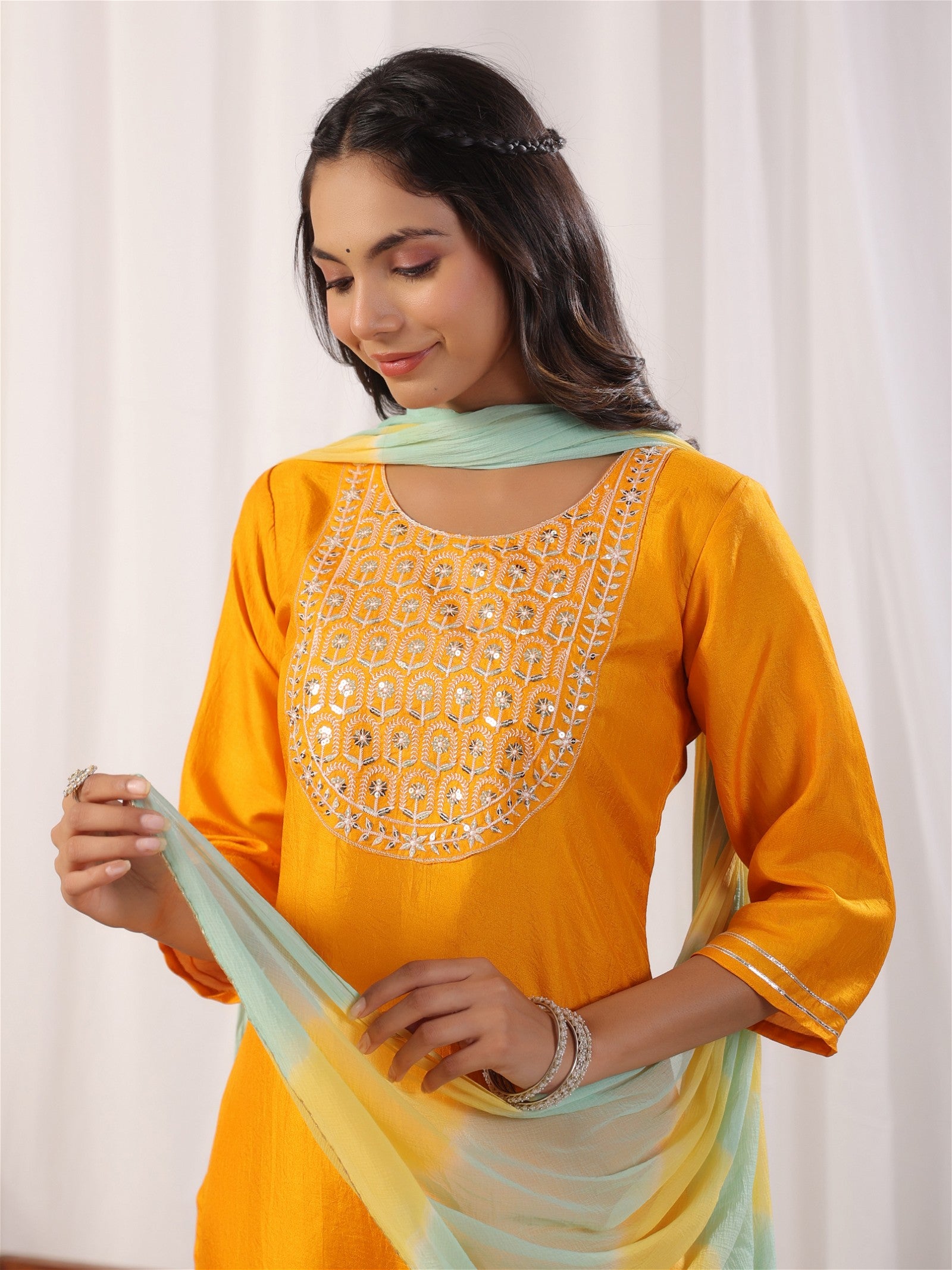 Yellow Embroidered Kurta with Trousers with Dupatta