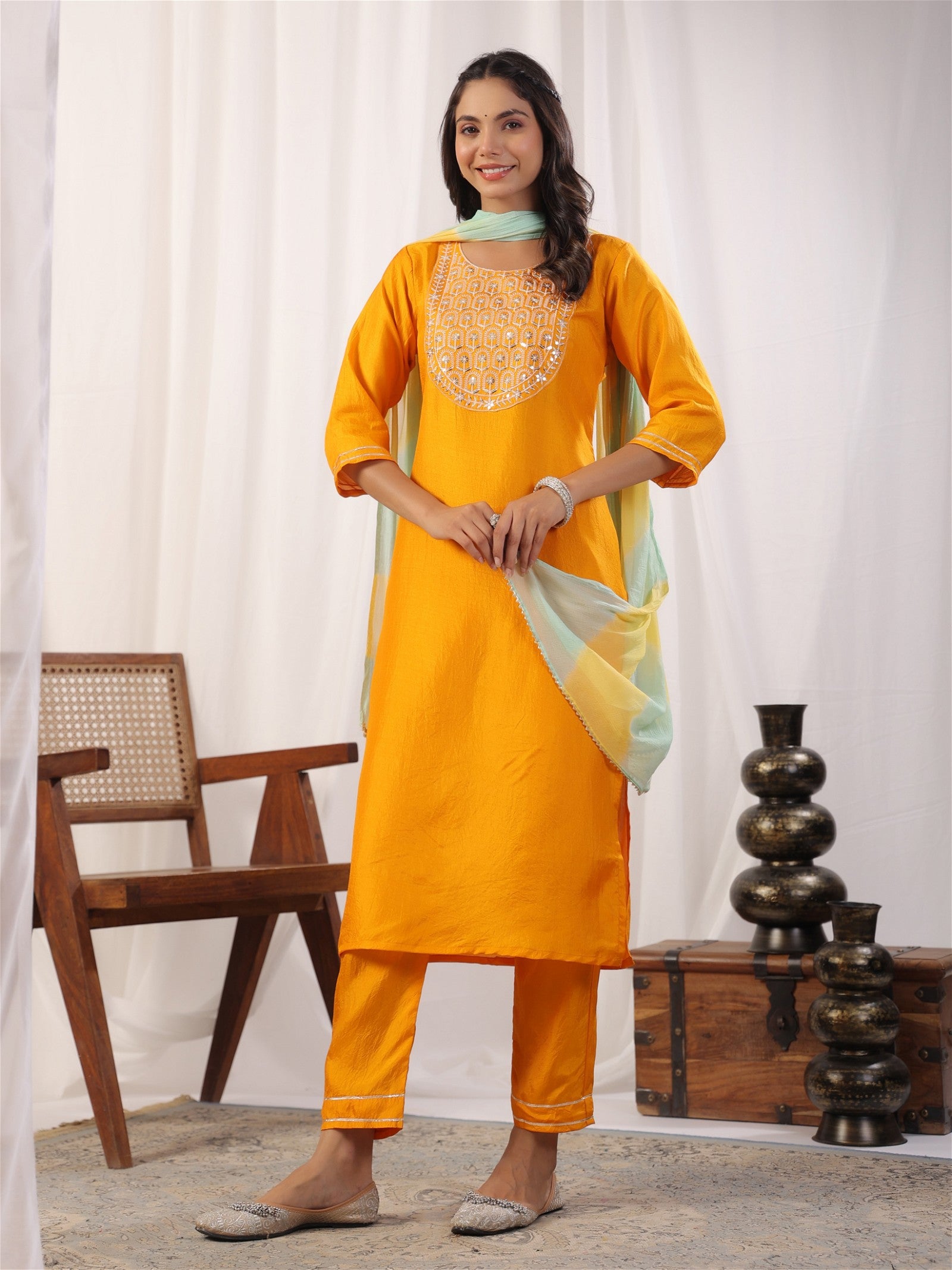 Yellow Embroidered Kurta with Trousers with Dupatta