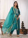 Teal Embroidered Straight Kurta Paired With Bottom and Dupatta