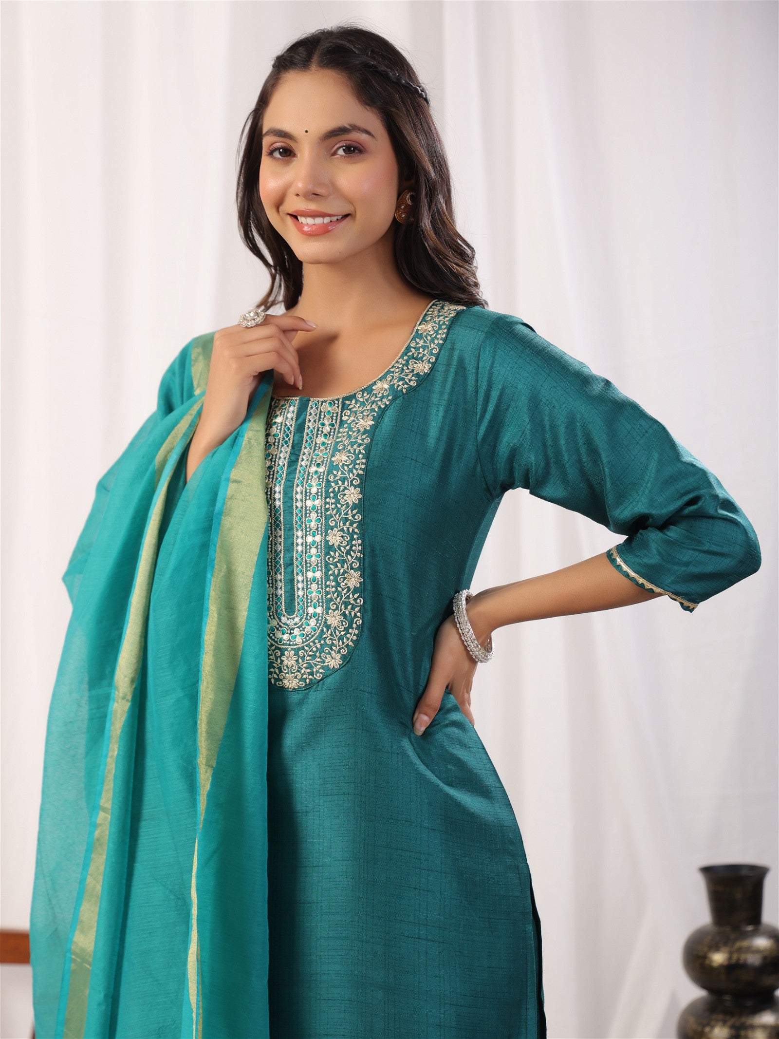 Teal Embroidered Straight Kurta Paired With Bottom and Dupatta