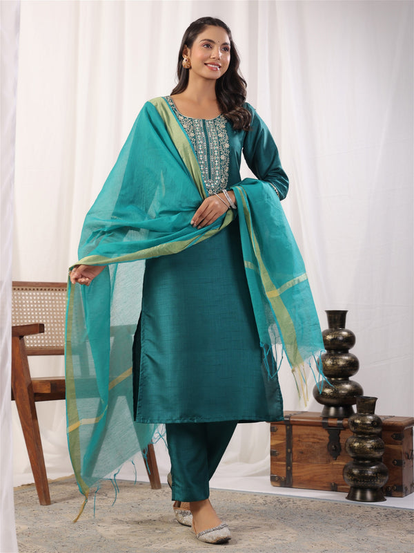 Teal Embroidered Straight Kurta Paired With Bottom and Dupatta