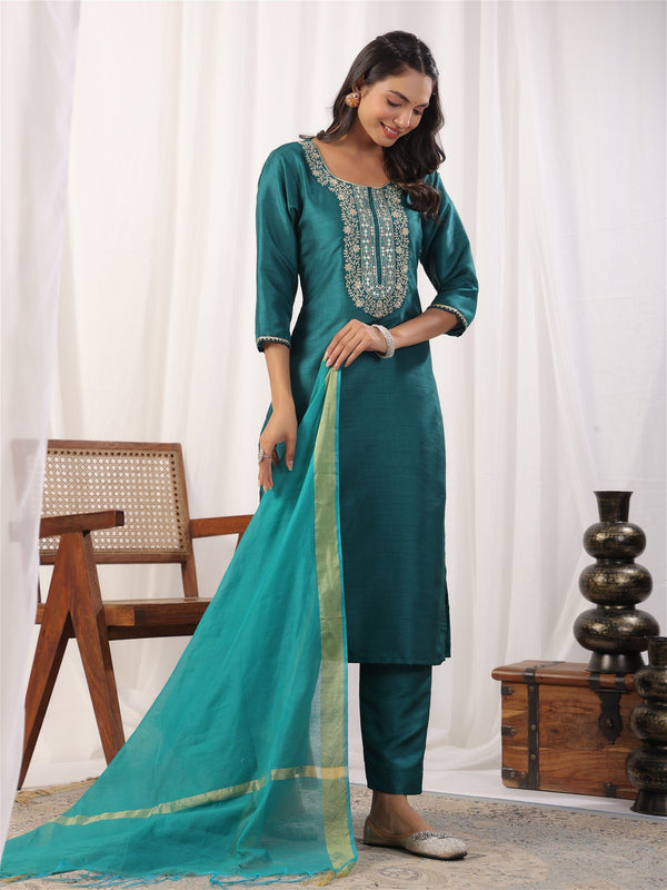 Teal Embroidered Straight Kurta Paired With Bottom and Dupatta