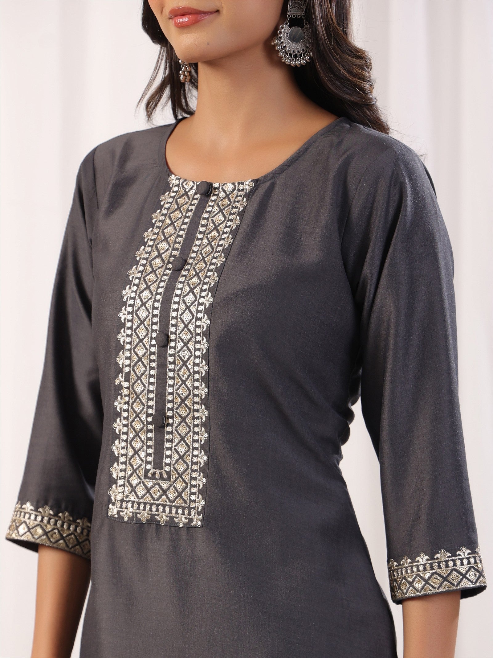 Grey Embordered A Line Kurta Set With Dupatta