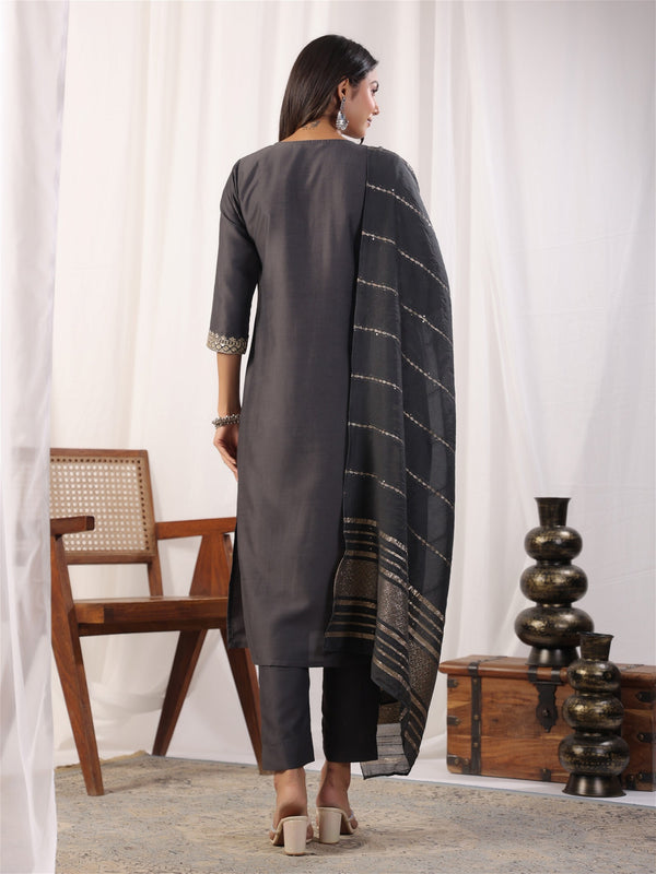 Grey Embordered A Line Kurta Set With Dupatta