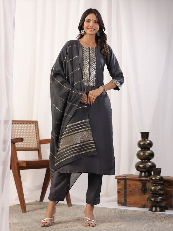 Grey Embordered A Line Kurta Set With Dupatta