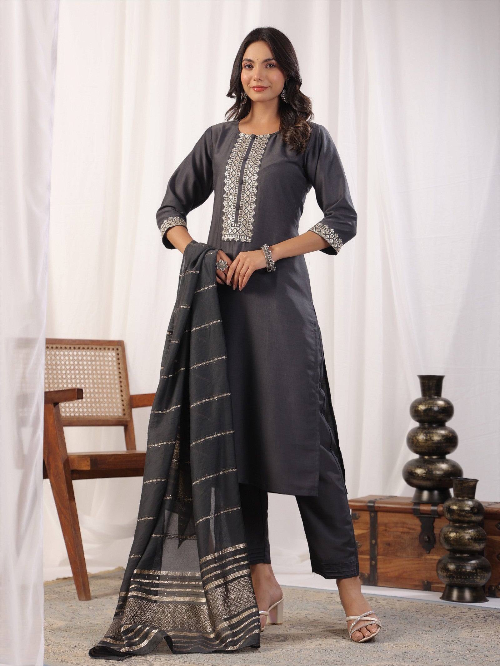 Grey Embordered A Line Kurta Set With Dupatta