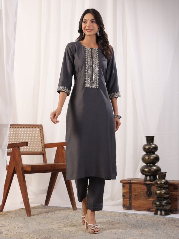 Grey Embordered A Line Kurta Set With Dupatta