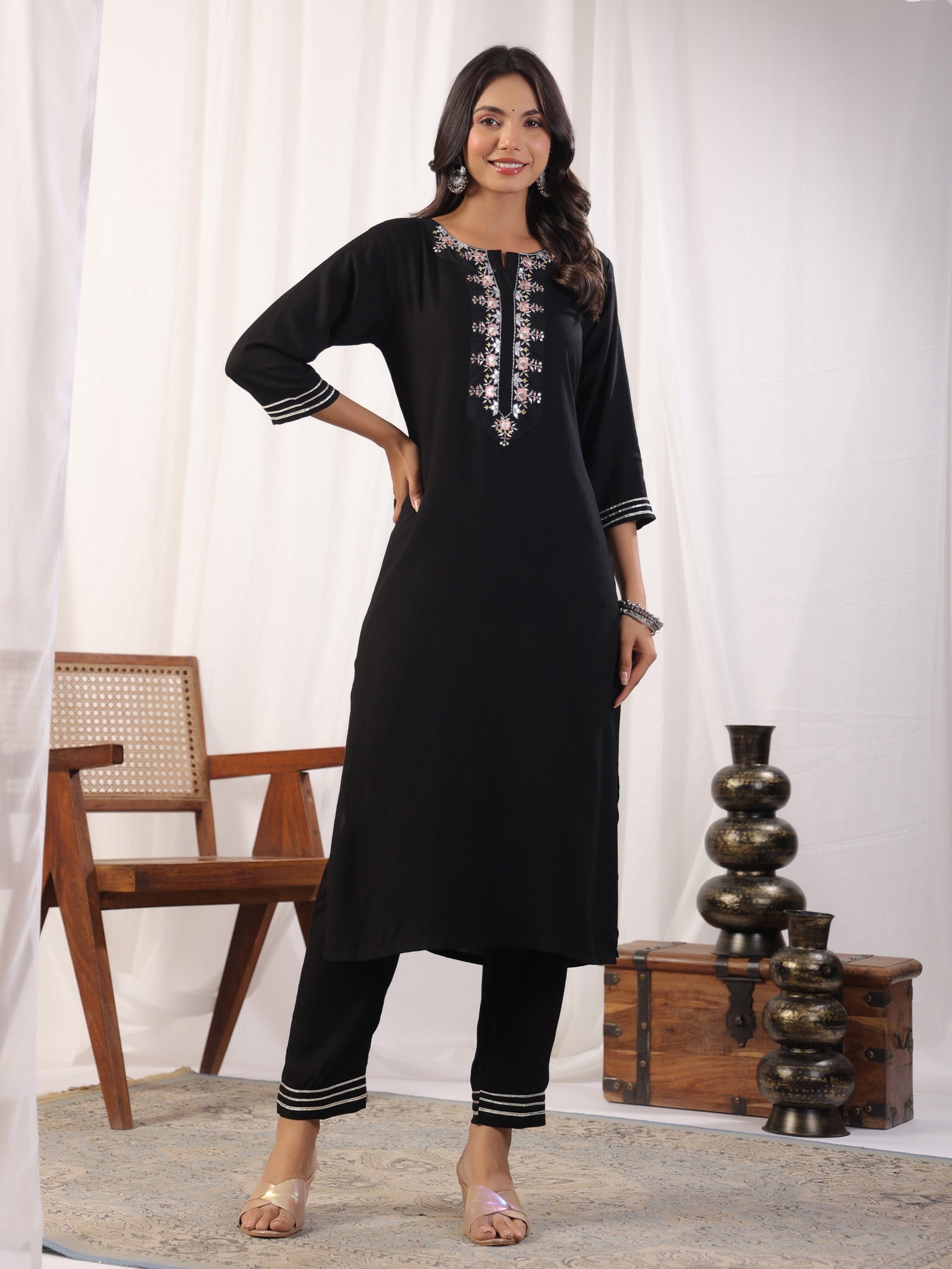 Black Embordered Rayon Kurta Set With Dupatta And Bottom