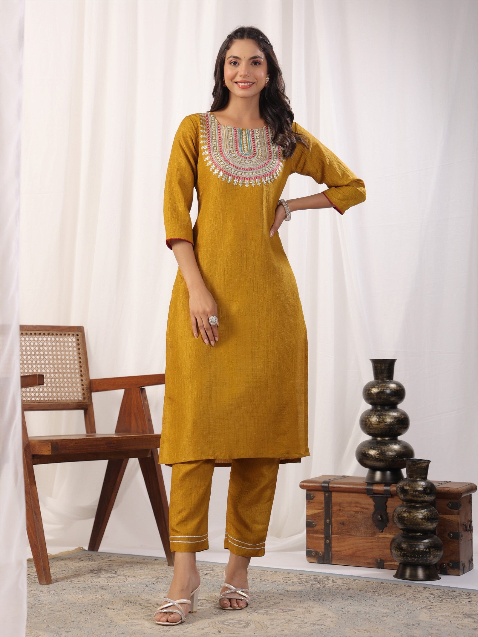 Solid Straight Round Neck Silk Kurta Pant Set With Dupatta