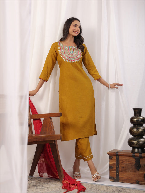 Solid Straight Round Neck Silk Kurta Pant Set With Dupatta