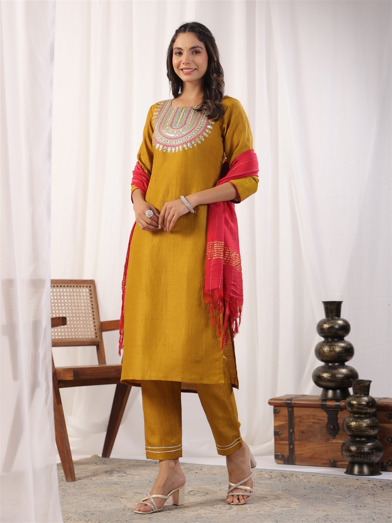 Solid Straight Round Neck Silk Kurta Pant Set With Dupatta