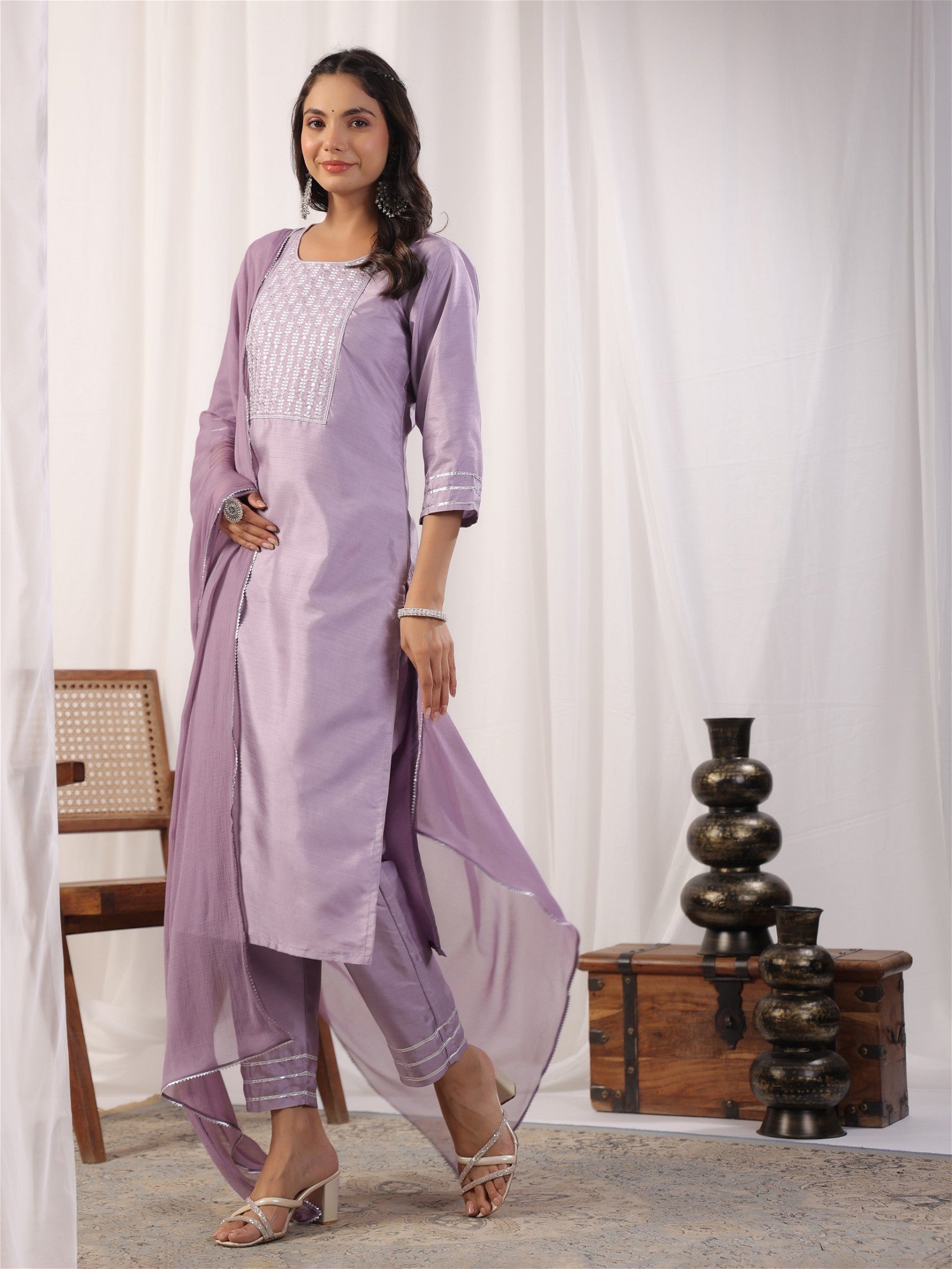 Embroidered Straight Kurta with Trousers & And Dupatta