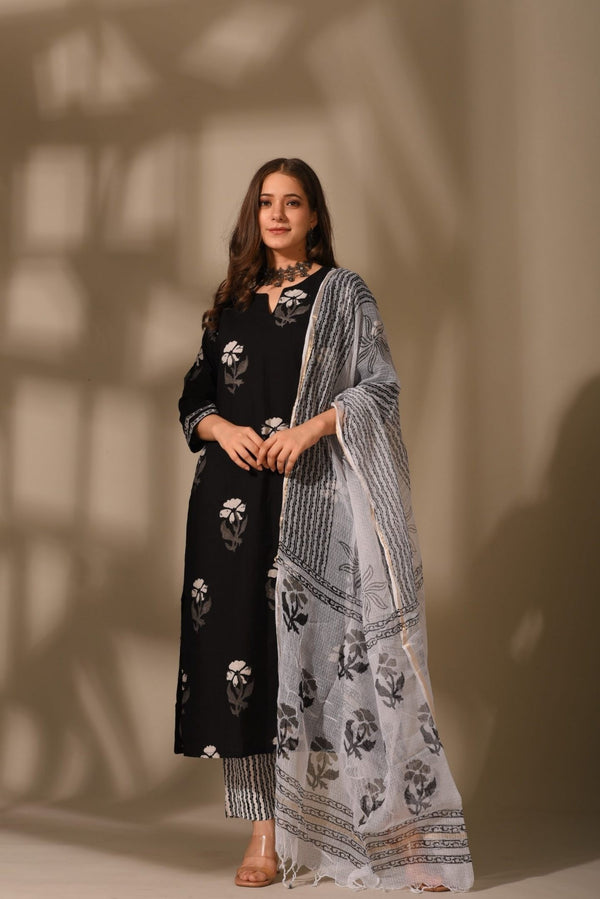 Black & Light Grey Fancy wear Kurti With Bottom Dupatta set