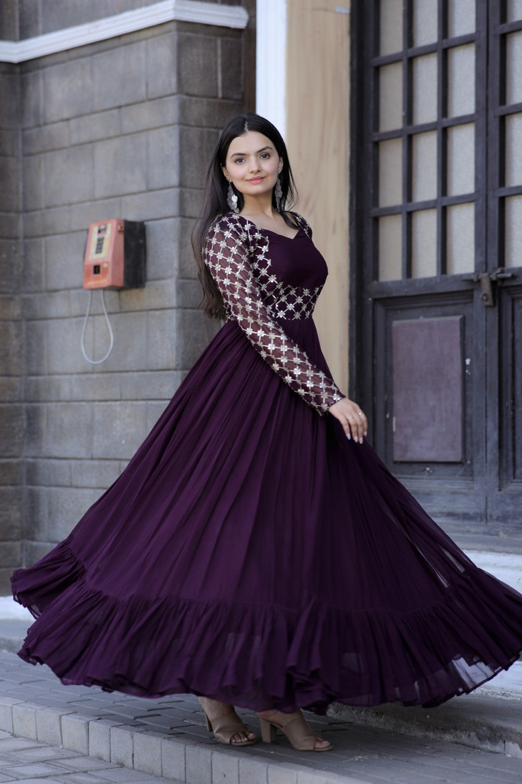 Purple Faux Blooming Stylish Long Women's Gown