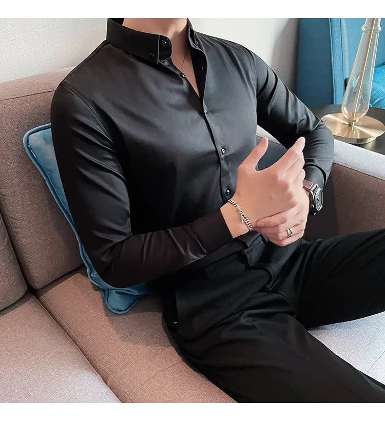 Men Regular Fit Solid Button Down Black Satin Formal Shirt