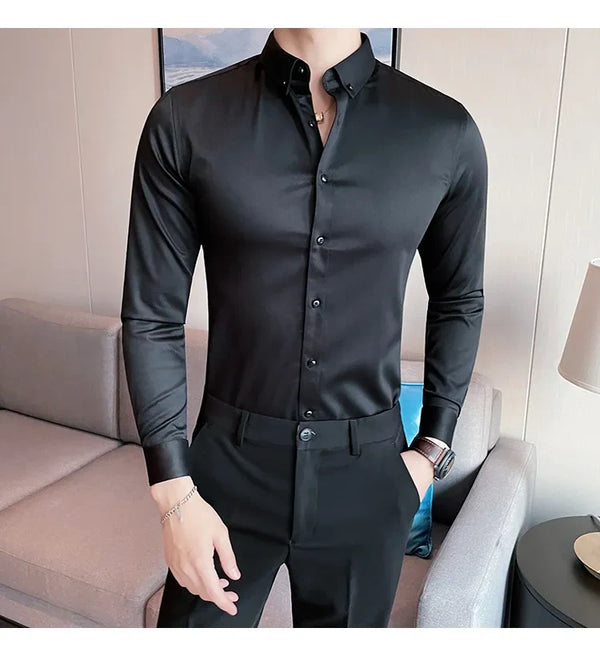 Men Regular Fit Solid Button Down Black Satin Formal Shirt