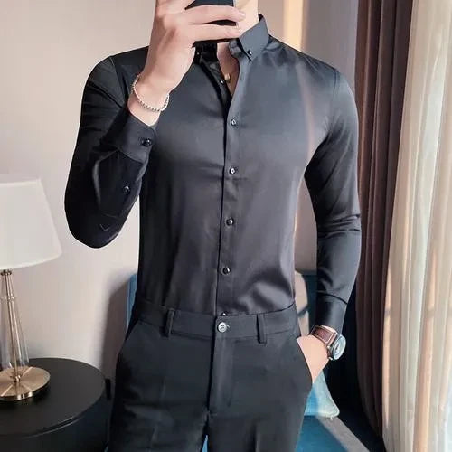 Men Regular Fit Solid Button Down Black Satin Formal Shirt